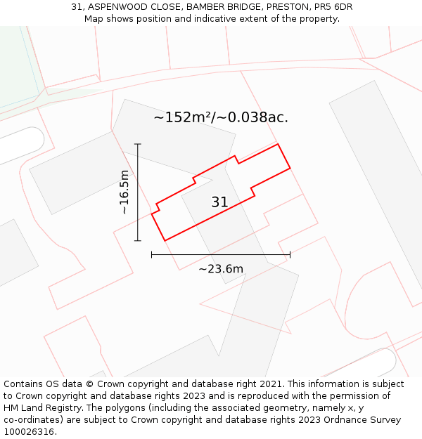 31, ASPENWOOD CLOSE, BAMBER BRIDGE, PRESTON, PR5 6DR: Plot and title map