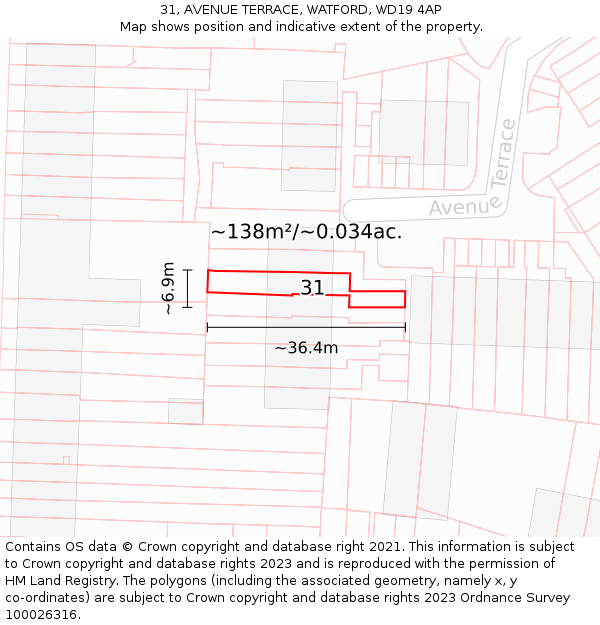 31, AVENUE TERRACE, WATFORD, WD19 4AP: Plot and title map