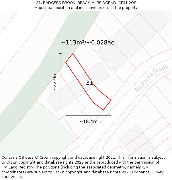 31, BADGERS BROOK, BRACKLA, BRIDGEND, CF31 2QS: Plot and title map