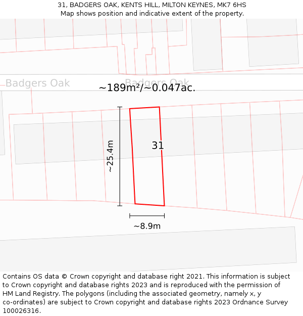 31, BADGERS OAK, KENTS HILL, MILTON KEYNES, MK7 6HS: Plot and title map