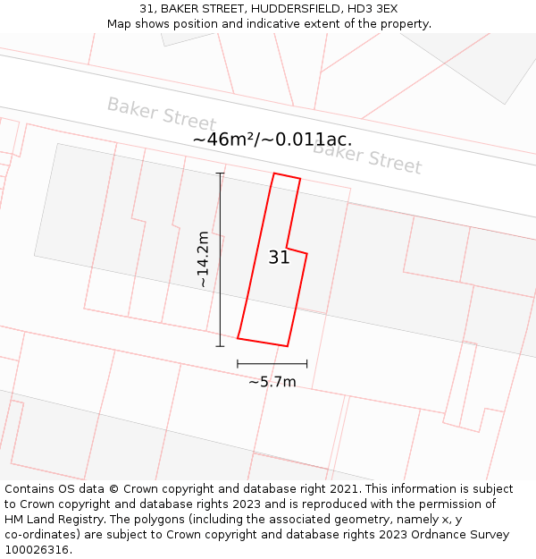 31, BAKER STREET, HUDDERSFIELD, HD3 3EX: Plot and title map