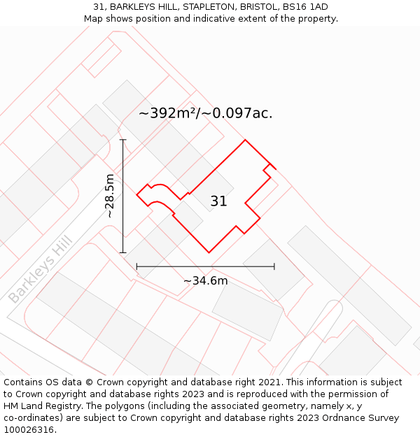 31, BARKLEYS HILL, STAPLETON, BRISTOL, BS16 1AD: Plot and title map