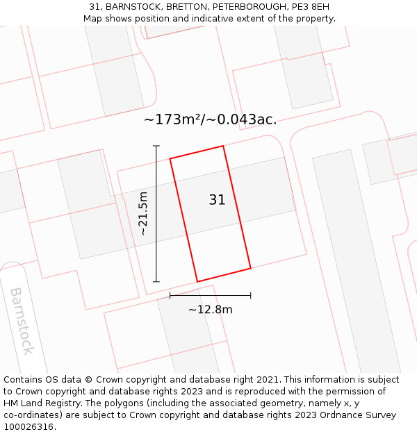 31, BARNSTOCK, BRETTON, PETERBOROUGH, PE3 8EH: Plot and title map