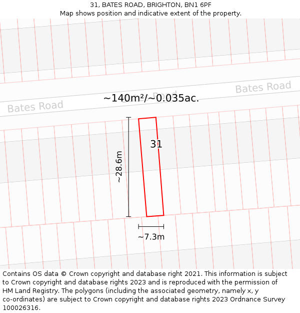 31, BATES ROAD, BRIGHTON, BN1 6PF: Plot and title map