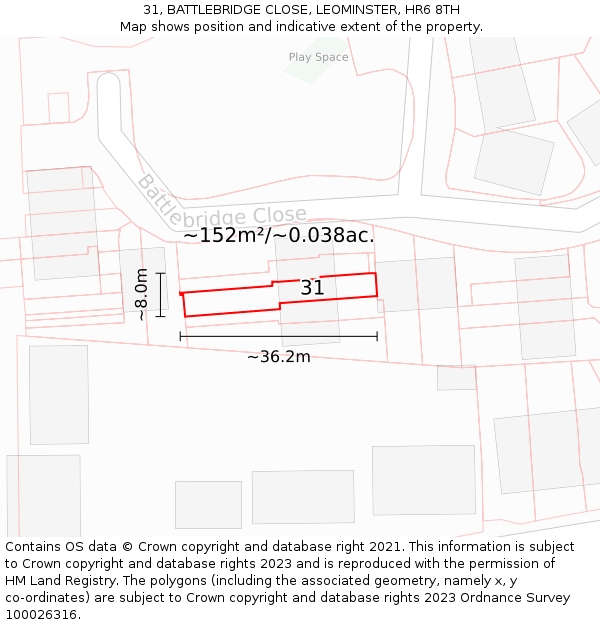31, BATTLEBRIDGE CLOSE, LEOMINSTER, HR6 8TH: Plot and title map