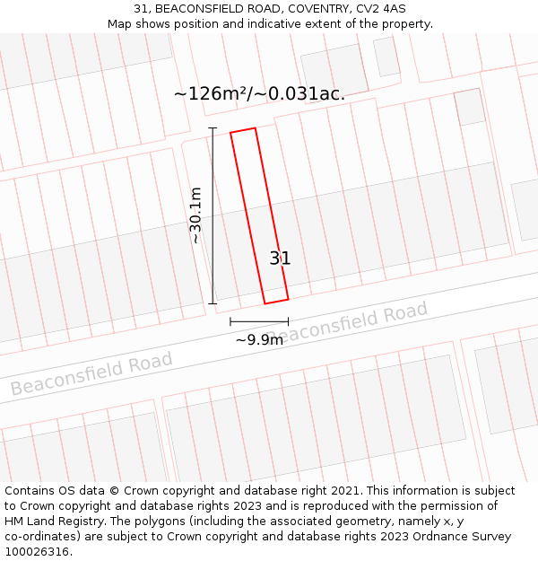 31, BEACONSFIELD ROAD, COVENTRY, CV2 4AS: Plot and title map