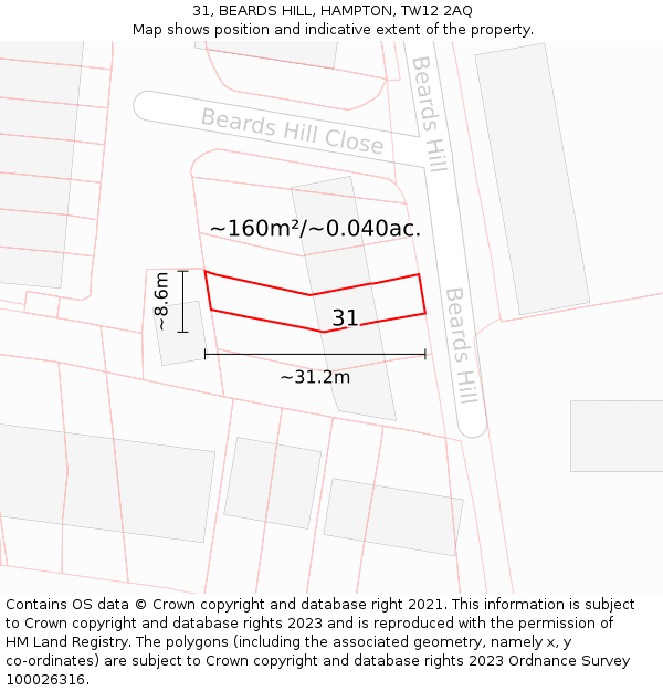 31, BEARDS HILL, HAMPTON, TW12 2AQ: Plot and title map