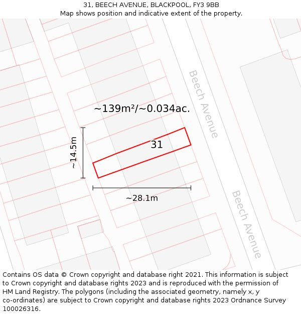 31, BEECH AVENUE, BLACKPOOL, FY3 9BB: Plot and title map