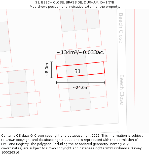 31, BEECH CLOSE, BRASSIDE, DURHAM, DH1 5YB: Plot and title map