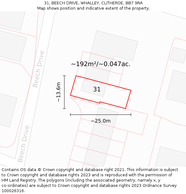 31, BEECH DRIVE, WHALLEY, CLITHEROE, BB7 9RA: Plot and title map