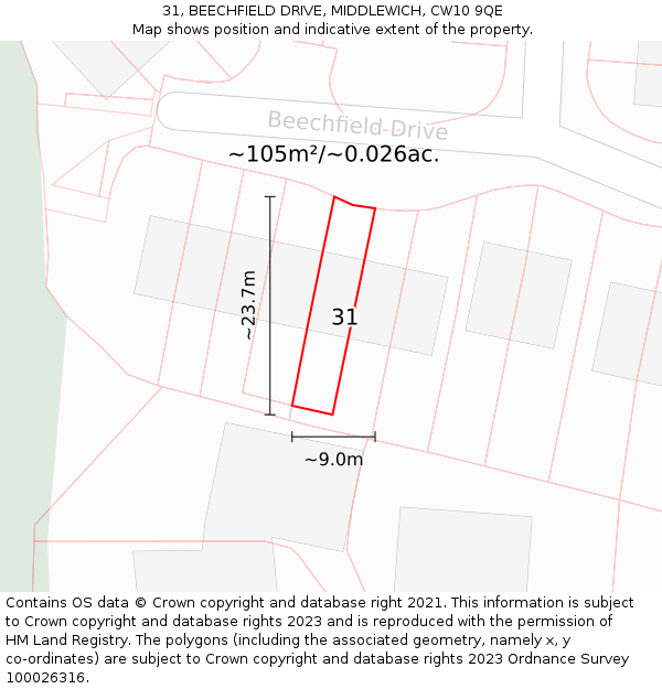 31, BEECHFIELD DRIVE, MIDDLEWICH, CW10 9QE: Plot and title map