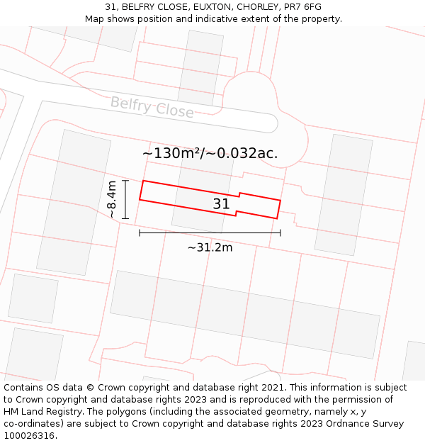 31, BELFRY CLOSE, EUXTON, CHORLEY, PR7 6FG: Plot and title map