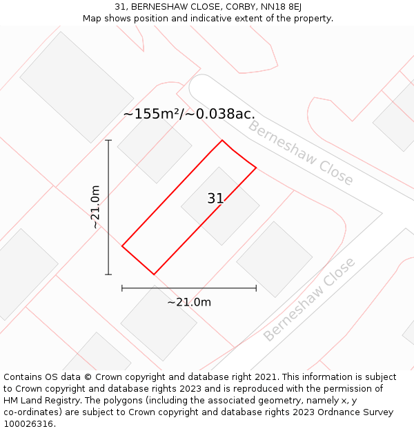 31, BERNESHAW CLOSE, CORBY, NN18 8EJ: Plot and title map