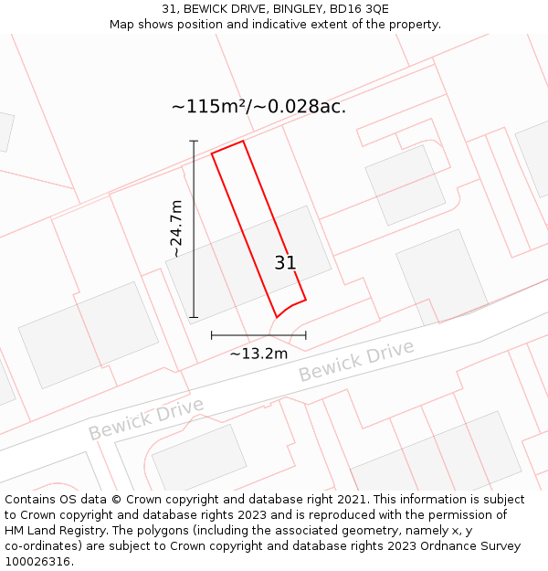 31, BEWICK DRIVE, BINGLEY, BD16 3QE: Plot and title map