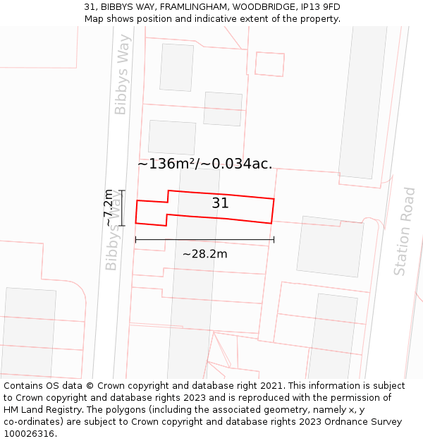 31, BIBBYS WAY, FRAMLINGHAM, WOODBRIDGE, IP13 9FD: Plot and title map