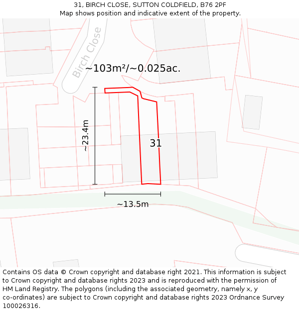 31, BIRCH CLOSE, SUTTON COLDFIELD, B76 2PF: Plot and title map