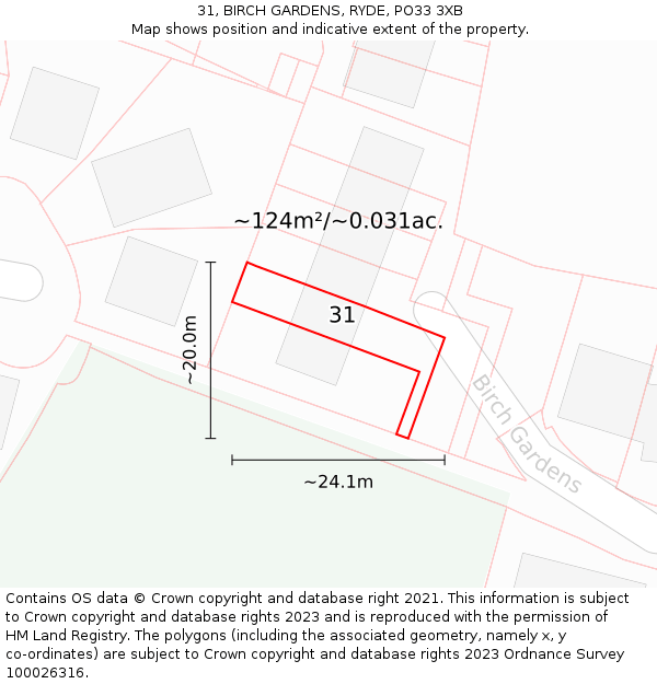 31, BIRCH GARDENS, RYDE, PO33 3XB: Plot and title map