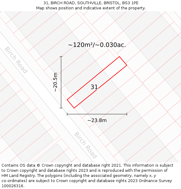 31, BIRCH ROAD, SOUTHVILLE, BRISTOL, BS3 1PE: Plot and title map