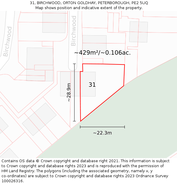31, BIRCHWOOD, ORTON GOLDHAY, PETERBOROUGH, PE2 5UQ: Plot and title map