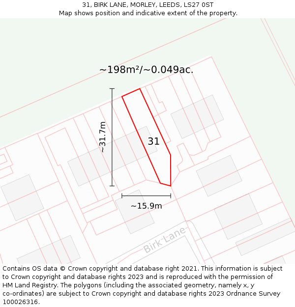 31, BIRK LANE, MORLEY, LEEDS, LS27 0ST: Plot and title map