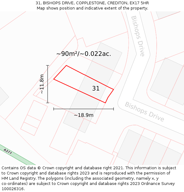31, BISHOPS DRIVE, COPPLESTONE, CREDITON, EX17 5HR: Plot and title map