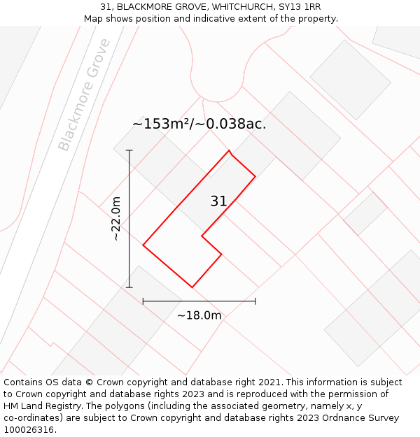 31, BLACKMORE GROVE, WHITCHURCH, SY13 1RR: Plot and title map