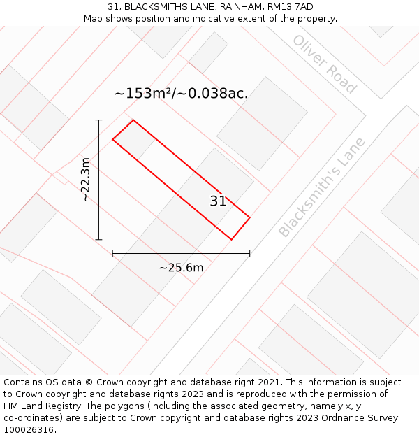 31, BLACKSMITHS LANE, RAINHAM, RM13 7AD: Plot and title map