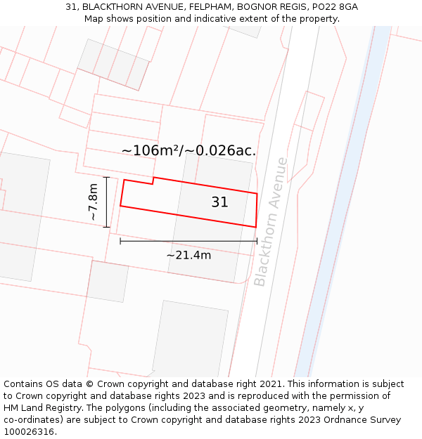 31, BLACKTHORN AVENUE, FELPHAM, BOGNOR REGIS, PO22 8GA: Plot and title map