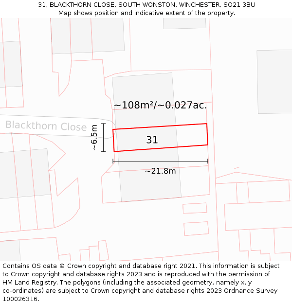 31, BLACKTHORN CLOSE, SOUTH WONSTON, WINCHESTER, SO21 3BU: Plot and title map