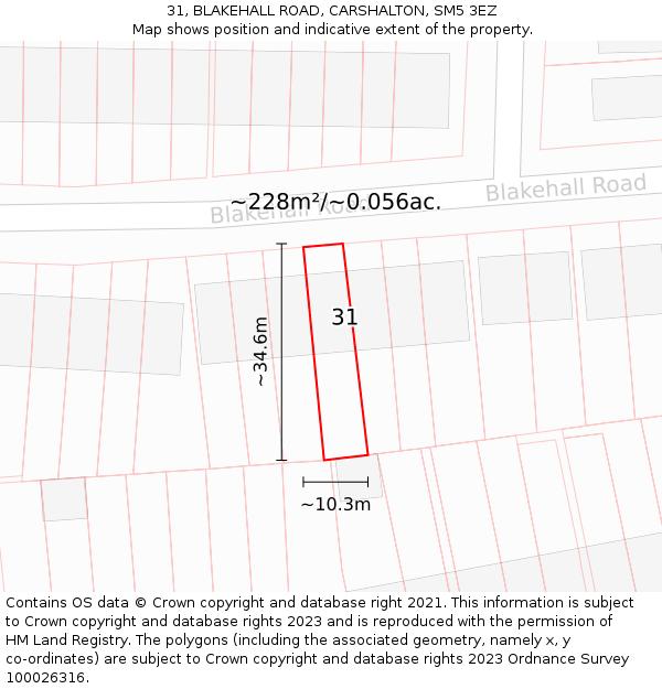 31, BLAKEHALL ROAD, CARSHALTON, SM5 3EZ: Plot and title map