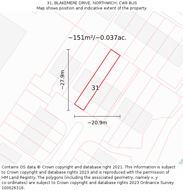 31, BLAKEMERE DRIVE, NORTHWICH, CW9 8US: Plot and title map