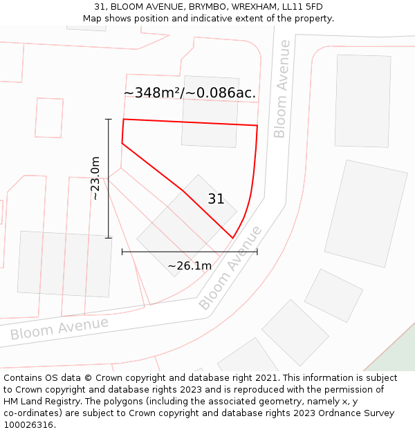 31, BLOOM AVENUE, BRYMBO, WREXHAM, LL11 5FD: Plot and title map