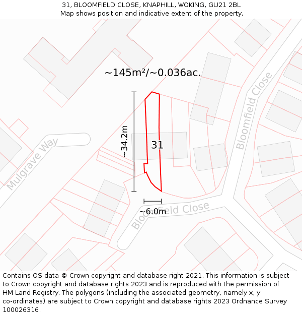 31, BLOOMFIELD CLOSE, KNAPHILL, WOKING, GU21 2BL: Plot and title map