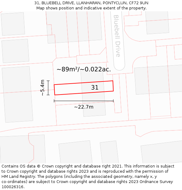 31, BLUEBELL DRIVE, LLANHARAN, PONTYCLUN, CF72 9UN: Plot and title map