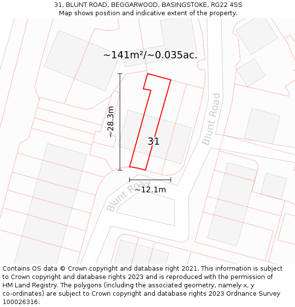 31, BLUNT ROAD, BEGGARWOOD, BASINGSTOKE, RG22 4SS: Plot and title map
