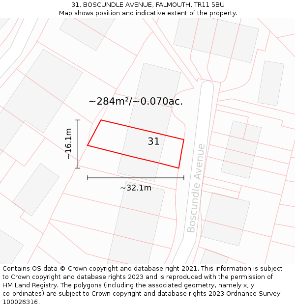 31, BOSCUNDLE AVENUE, FALMOUTH, TR11 5BU: Plot and title map