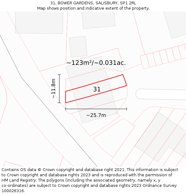 31, BOWER GARDENS, SALISBURY, SP1 2RL: Plot and title map