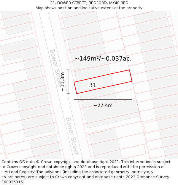31, BOWER STREET, BEDFORD, MK40 3RD: Plot and title map