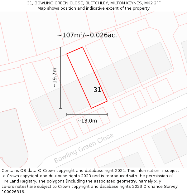 31, BOWLING GREEN CLOSE, BLETCHLEY, MILTON KEYNES, MK2 2FF: Plot and title map