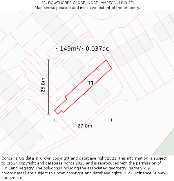 31, BOWTHORPE CLOSE, NORTHAMPTON, NN3 3EJ: Plot and title map
