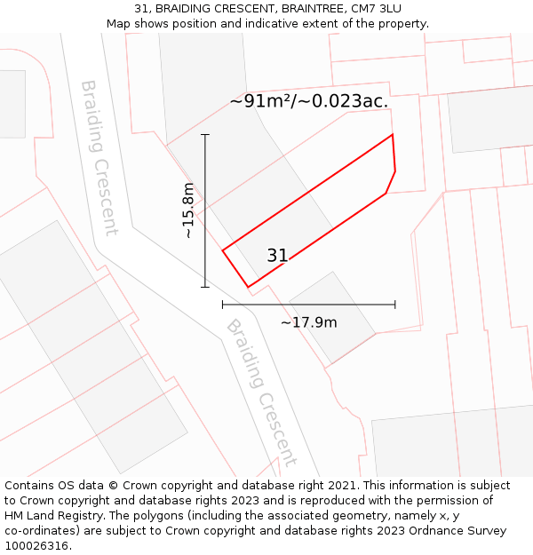 31, BRAIDING CRESCENT, BRAINTREE, CM7 3LU: Plot and title map