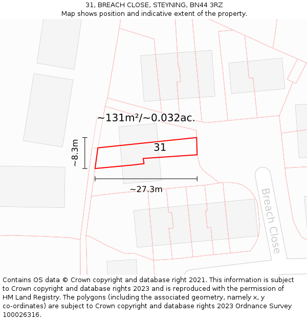 31, BREACH CLOSE, STEYNING, BN44 3RZ: Plot and title map