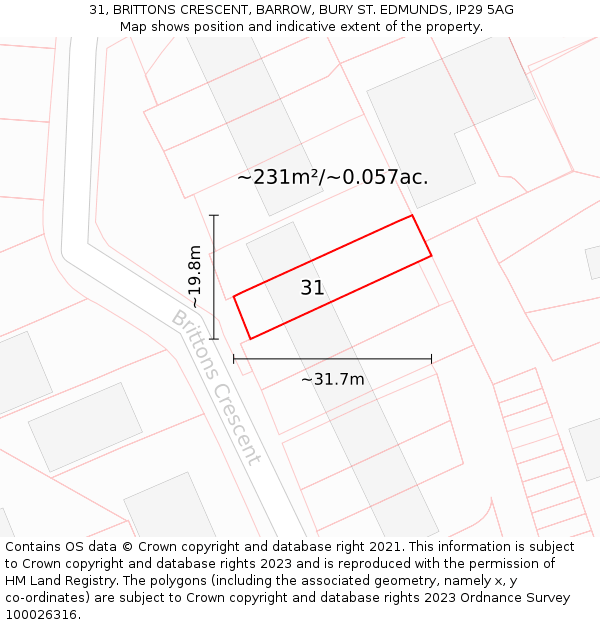 31, BRITTONS CRESCENT, BARROW, BURY ST. EDMUNDS, IP29 5AG: Plot and title map