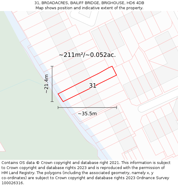 31, BROADACRES, BAILIFF BRIDGE, BRIGHOUSE, HD6 4DB: Plot and title map