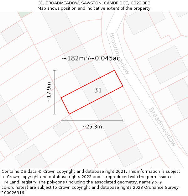 31, BROADMEADOW, SAWSTON, CAMBRIDGE, CB22 3EB: Plot and title map