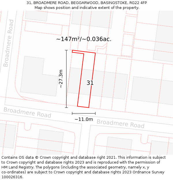 31, BROADMERE ROAD, BEGGARWOOD, BASINGSTOKE, RG22 4FP: Plot and title map