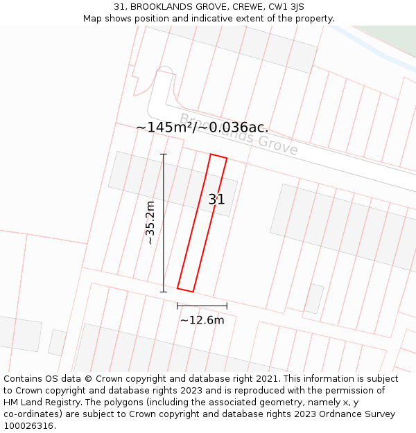 31, BROOKLANDS GROVE, CREWE, CW1 3JS: Plot and title map