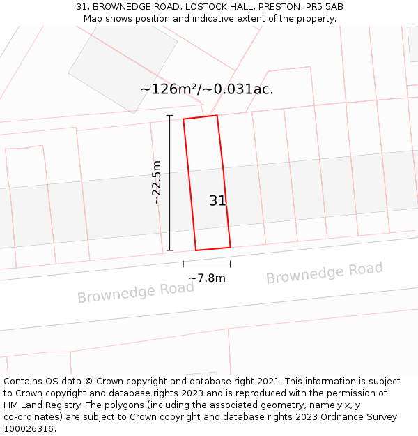 31, BROWNEDGE ROAD, LOSTOCK HALL, PRESTON, PR5 5AB: Plot and title map
