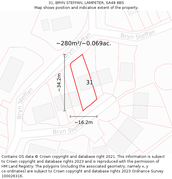 31, BRYN STEFFAN, LAMPETER, SA48 8BS: Plot and title map