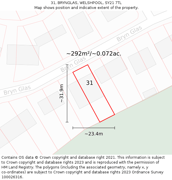 31, BRYNGLAS, WELSHPOOL, SY21 7TL: Plot and title map